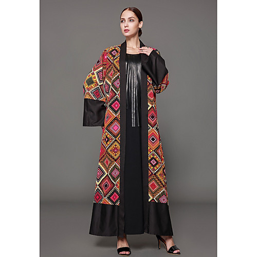 

Women's Jalabiya Maxi long Dress Orange Long Sleeve Geometric Print Spring, Fall, Winter, Summer Round Neck Sophisticated Loose S M L XL XXL 3XL 4XL 5XL / Plus Size / Plus Size