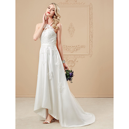 

A-Line Wedding Dresses Halter Neck Asymmetrical Tulle Corded Lace Spaghetti Strap Casual Illusion Detail Backless with Sashes / Ribbons Buttons Appliques 2021