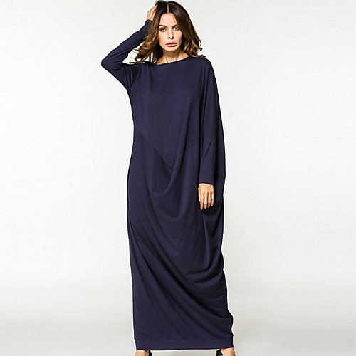 

Women's Tunic Maxi long Dress Navy Blue Long Sleeve Solid Colored Fall Spring Round Neck Loose One-Size / Cotton / Cotton