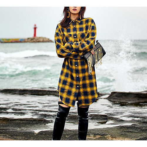 

Women's Sheath Dress Knee Length Dress Yellow Long Sleeve Plaid Winter Shirt Collar Belt Not Included S M
