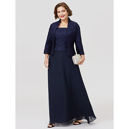 

Sheath / Column Mother of the Bride Dress Chic & Modern Glamorous & Dramatic Plus Size Square Neck Ankle Length Chiffon Satin 3/4 Length Sleeve with Pleats Appliques 2021