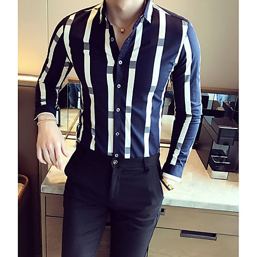 

Men's Shirt Striped Print Long Sleeve Going out Slim Tops Cotton White Navy Blue / Fall