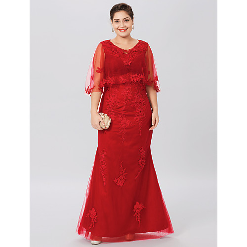 

Sheath / Column Mother of the Bride Dress Plus Size Sexy V Neck Floor Length Lace Over Tulle Sleeveless with Criss Cross Appliques 2021