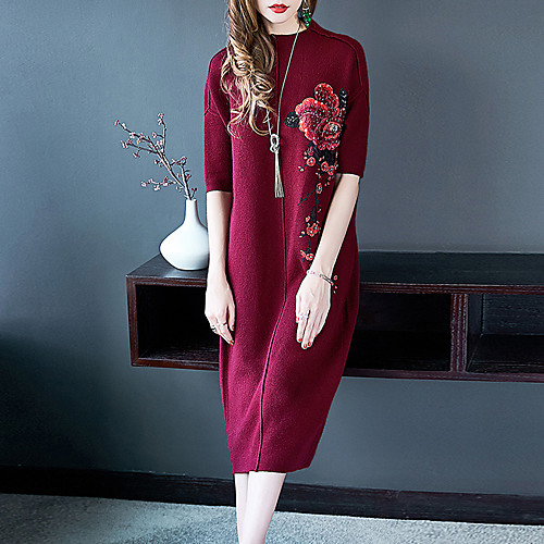 

Women's Loose Midi Dress Wine Royal Blue 3/4 Length Sleeve Solid Colored Embroidered Round Neck Streetwear Going out Embroidery M L XL XXL