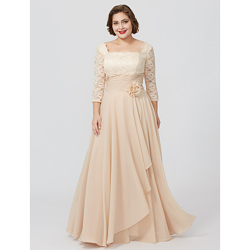 

Sheath / Column Mother of the Bride Dress Classic & Timeless Elegant & Luxurious Plus Size Square Neck Floor Length Chiffon Metallic Lace 3/4 Length Sleeve with Sash / Ribbon Flower 2021