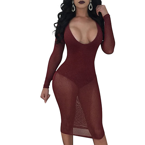 

Women's Bodycon Knee Length Dress Wine Black Long Sleeve Solid Colored Mesh Round Neck Going out Club S M L XL