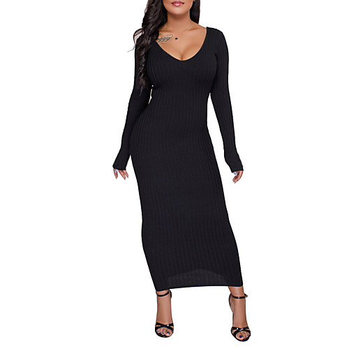 

Women's Bodycon Maxi long Dress White Black Long Sleeve Solid Colored Pure Color Fall Spring V Neck Casual Streetwear Going out S M L XL XXL 3XL / Plus Size / Plus Size