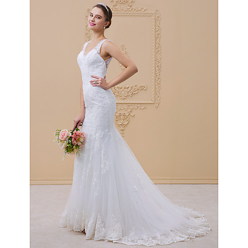 

Mermaid / Trumpet Wedding Dresses V Neck Chapel Train Tulle All Over Lace Lace Over Tulle Regular Straps Sexy Illusion Detail Backless with Beading Appliques 2021