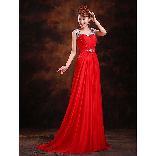 

Sheath / Column Scoop Neck Sweep / Brush Train Silk Sparkle & Shine Formal Evening Dress with Crystals by LAN TING Express