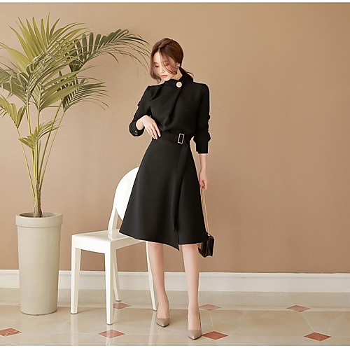 

Women's Shirt Dress Knee Length Dress Black Long Sleeve Black Solid Colored Fall Spring Stand Collar Streetwear Party Work Puff Sleeve S M L
