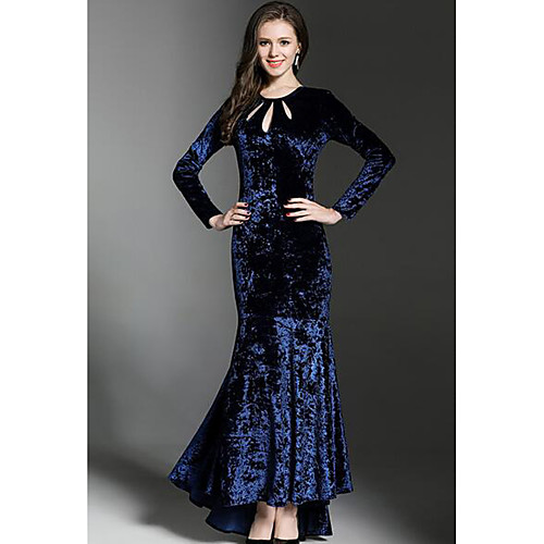 

Women's Sheath Dress Maxi long Dress Blue Long Sleeve Print Fall Winter Round Neck Party Slim Velvet S M L XL