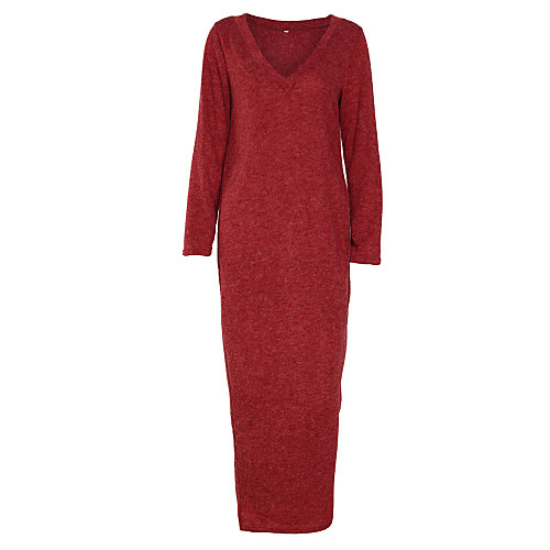 

Women's Sheath Dress Maxi long Dress Gray Green Dark Gray Red Long Sleeve Solid Colored Fall Spring V Neck Streetwear S M L XL
