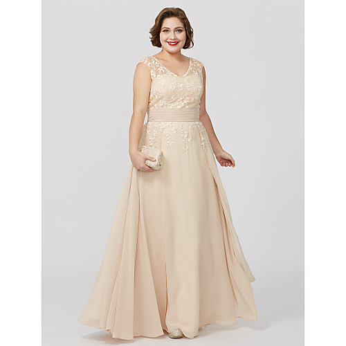 

A-Line Mother of the Bride Dress Plus Size Elegant V Neck Floor Length Chiffon Sheer Lace Sleeveless with Sash / Ribbon Appliques 2021