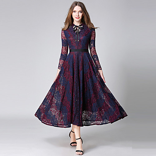 

Women's Swing Dress Midi Dress Purple Long Sleeve Color Block Lace Fall Winter V Neck Going out Lace S M L XL XXL 3XL / Cotton / Plus Size / Plus Size / Cotton