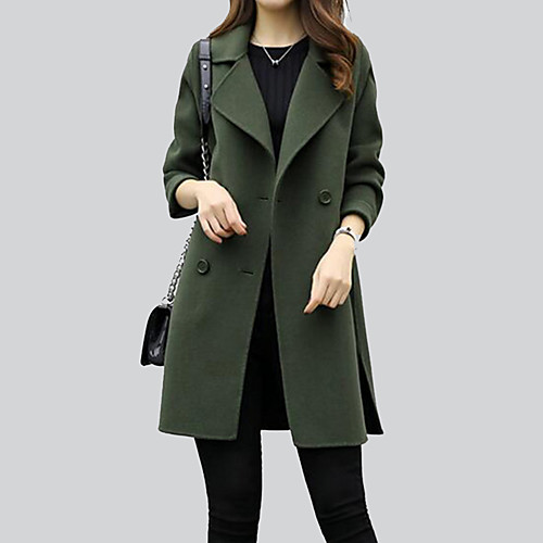 

Women's Coat Going out Fall Winter Regular Coat Shirt Collar Regular Fit Jacket Long Sleeve Solid Colored Army Green Black / Cotton