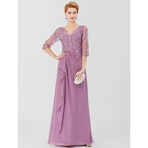 

Sheath / Column Mother of the Bride Dress Classic & Timeless Elegant & Luxurious Elegant V Neck Floor Length Chiffon Corded Lace 3/4 Length Sleeve with Ruffles Appliques 2021