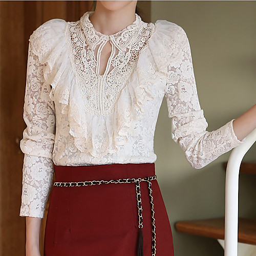 

Women's Blouse Solid Colored Lace Long Sleeve Daily Tops Cotton White