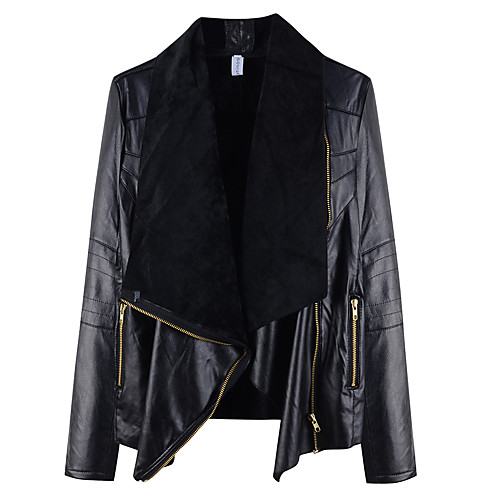 

Women's Faux Leather Jacket Daily Fall Short Coat Shawl Lapel Loose Basic Jacket Long Sleeve Solid Colored Black Brown / Plus Size