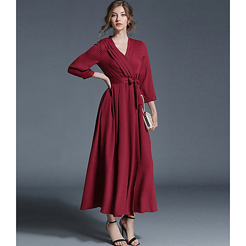 

Women's Loose Maxi long Dress Red Long Sleeve Solid Colored Fall V Neck Going out S M L XL