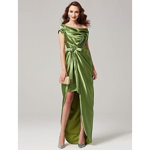 

Sheath / Column Celebrity Style Elegant Furcal Holiday Cocktail Party Formal Evening Dress Off Shoulder Short Sleeve Floor Length Taffeta with Sash / Ribbon Pleats 2021
