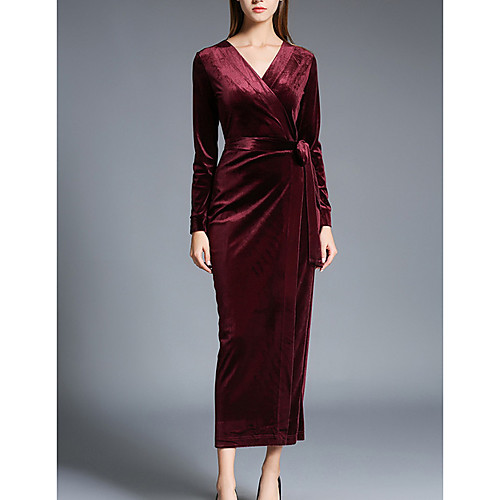 

Women's Sheath Dress Knee Length Dress Blue Wine Long Sleeve Solid Colored Fall Winter V Neck Party Slim Velvet S M L XL