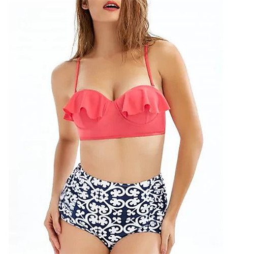 

Women's Bikini Swimsuit Print Geometric Blue Orange Black Beige Swimwear Strap Bathing Suits Vintage