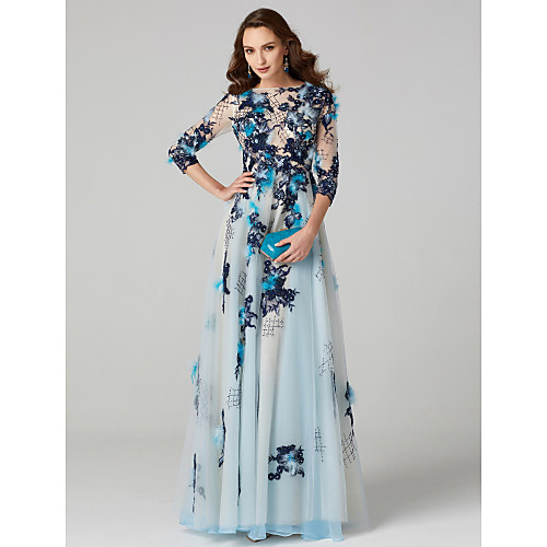 

A-Line Elegant Floral Prom Formal Evening Dress Boat Neck 3/4 Length Sleeve Floor Length Tulle Over Lace with Feathers / Fur Embroidery 2021