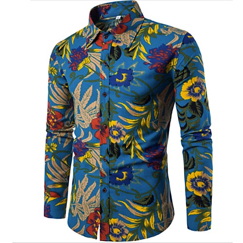 

Men's Shirt Floral Plus Size Long Sleeve Going out Slim Tops Boho Blue / Fall / Spring