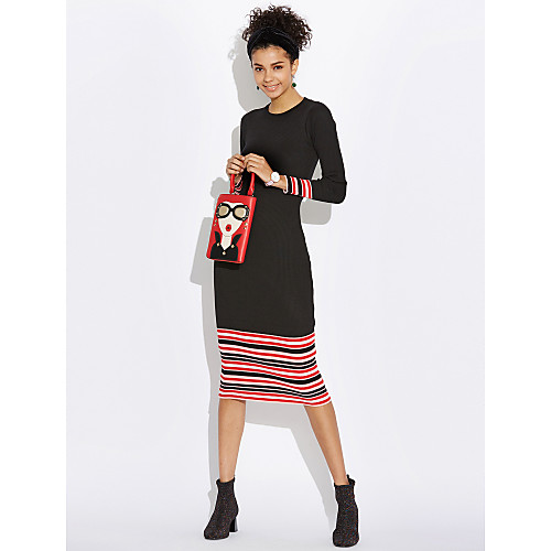 

Women's Bodycon Midi Dress Gray Black Long Sleeve Striped Fall Spring Round Neck Skinny One-Size / Cotton / Cotton