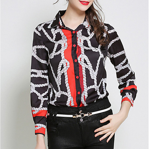 

Women's Shirt Geometric Print Long Sleeve Daily Tops Cotton Black