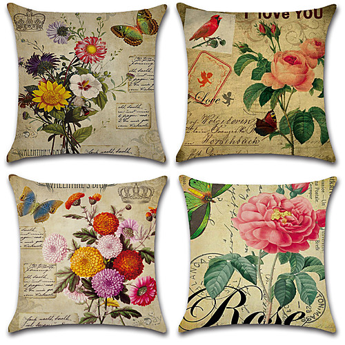 

4 pcs Cotton / Linen Pillow Cover, Floral Bohemian Style Retro