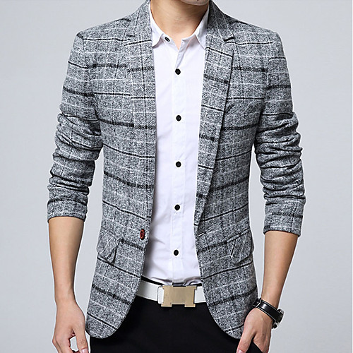 

Men's Blazer Party Daily Holiday Plaid Cotton Men's Suit Gray / Khaki / Navy Blue - Shirt Collar / Fall / Winter / Long Sleeve