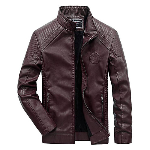 

Men's Faux Leather Jacket Daily Fall Winter Regular Coat Stand Collar Slim Military Jacket Long Sleeve Solid Colored Wine Black / Work