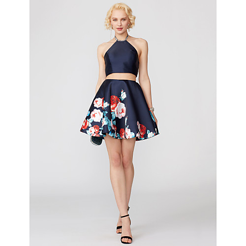 

A-Line Halter Neck Short / Mini Satin Open Back Cocktail Party Dress with Beading / Crystals / Pattern / Print by TS Couture