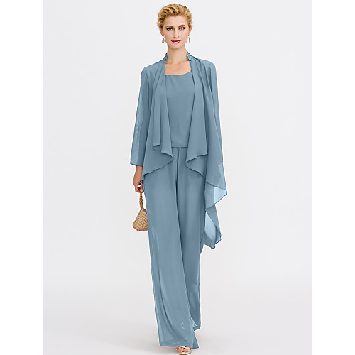 

Jumpsuits Sheath / Column Mother of the Bride Dress Elegant Two Piece Jumpsuits V Neck Floor Length Chiffon Sleeveless with Pleats 2021