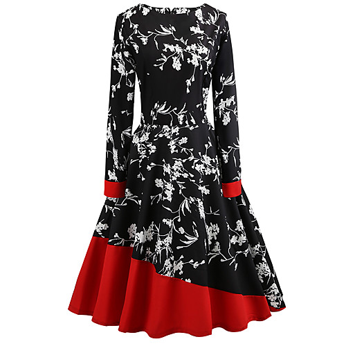 

Women's Sheath Dress Knee Length Dress Black Long Sleeve Floral Print Fall Spring Round Neck Vintage Streetwear Holiday S M L XL XXL / Cotton / Cotton