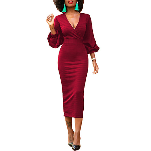 

Women's Bodycon Midi Dress Blue Black Red Long Sleeve Solid Colored Fall Spring V Neck Streetwear Work Lantern Sleeve Skinny S M L XL / High Waist
