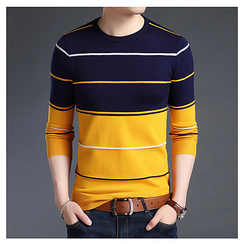 

Men's Basic Print Striped Pullover Long Sleeve Regular Sweater Cardigans Round Neck Fall Winter White Blue Camel