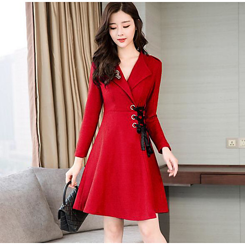 

Women's Sheath Dress Short Mini Dress Army Green Orange Red Long Sleeve Red Solid Colored Fall Winter Shirt Collar M L XL XXL