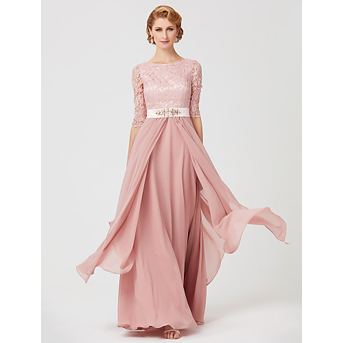 

A-Line Mother of the Bride Dress Jewel Neck Ankle Length Chiffon Metallic Lace 3/4 Length Sleeve with Sash / Ribbon Beading 2021 / Illusion Sleeve