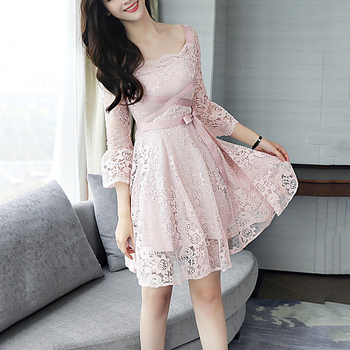 

Women's A Line Dress Short Mini Dress Blushing Pink Long Sleeve Dusty Rose Solid Colored Cut Out Lace Fall Spring Boat Neck Streetwear Party Going out Flare Cuff Sleeve S M L XL XXL / Cotton / Cotton