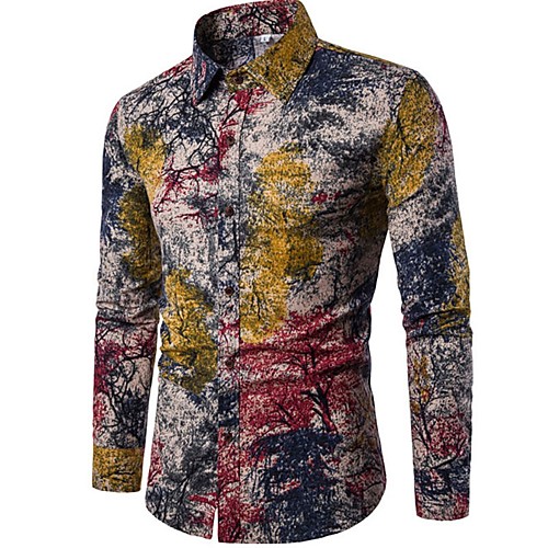 

Men's Shirt Trees / Leaves Long Sleeve Going out Tops Chinoiserie Boho Standing Collar Rainbow / Club