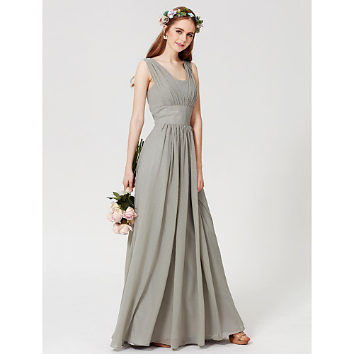 

Sheath / Column Square Neck Floor Length Chiffon Bridesmaid Dress with Draping / Open Back