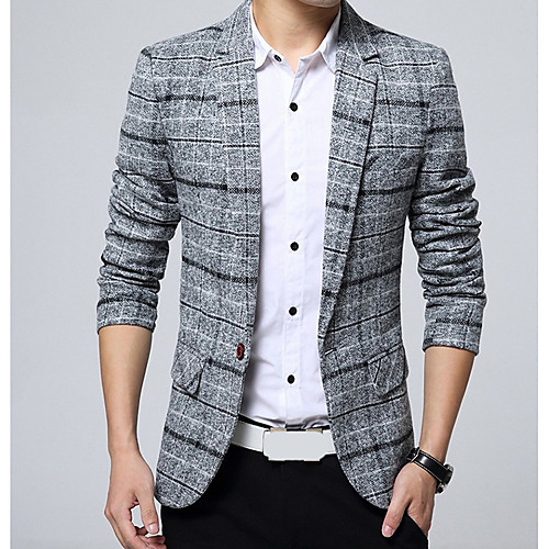 

Men's Blazer Work Plaid Polyester Men's Suit Gray / Khaki / Navy Blue - Notch lapel collar / Spring / Long Sleeve / Business Casual