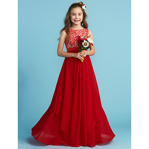 

Sheath / Column Floor Length Junior Bridesmaid Dress Party Chiffon Sleeveless Jewel Neck with Sash / Ribbon