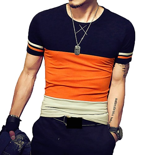 

Men's T shirt Color Block Patchwork Short Sleeve Daily Tops Cotton Yellow Orange
