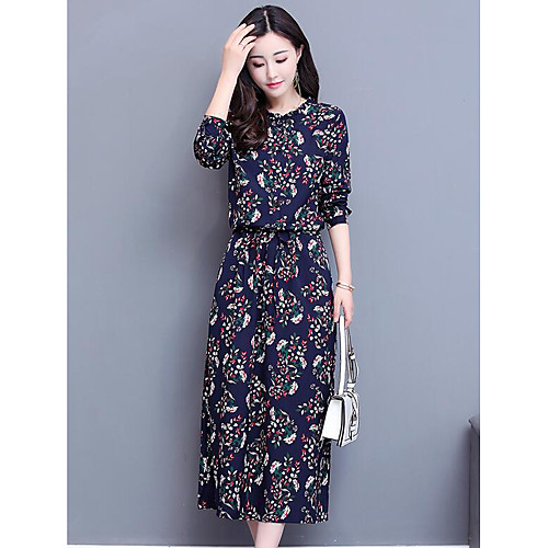 

Women's Chiffon Dress Midi Dress Navy Blue Long Sleeve Print Fall Spring Round Neck M L XL XXL / Cotton / Cotton