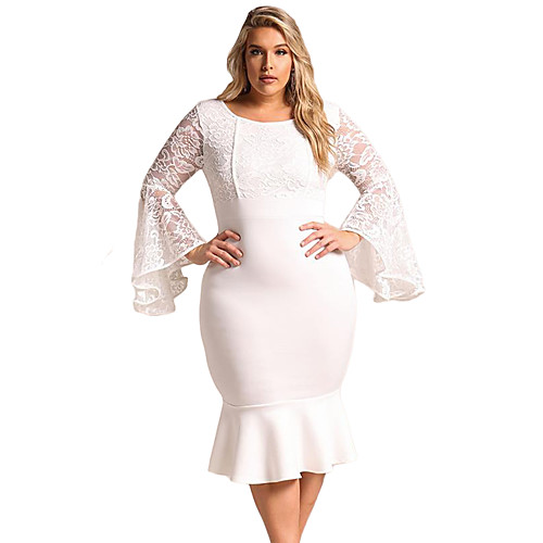 

Women's Sheath Dress Midi Dress White Black Red Long Sleeve White Solid Color Lace Winter Round Neck Flare Cuff Sleeve Flare Sleeve XL XXL 3XL 4XL / Plus Size / High Waist / Plus Size