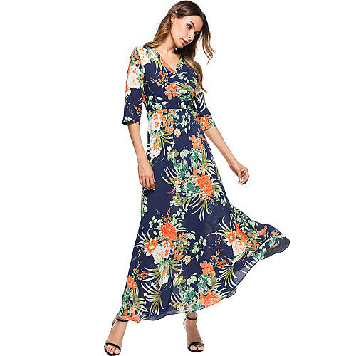 

Women's Chiffon Dress Maxi long Dress Royal Blue Half Sleeve Print Spring Summer V Neck Boho Going out Beach Floral S M L XL / High Waist