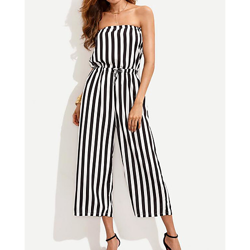 

Women's Holiday Boat Neck Fine Stripe Black Jumpsuit Color Block Cotton